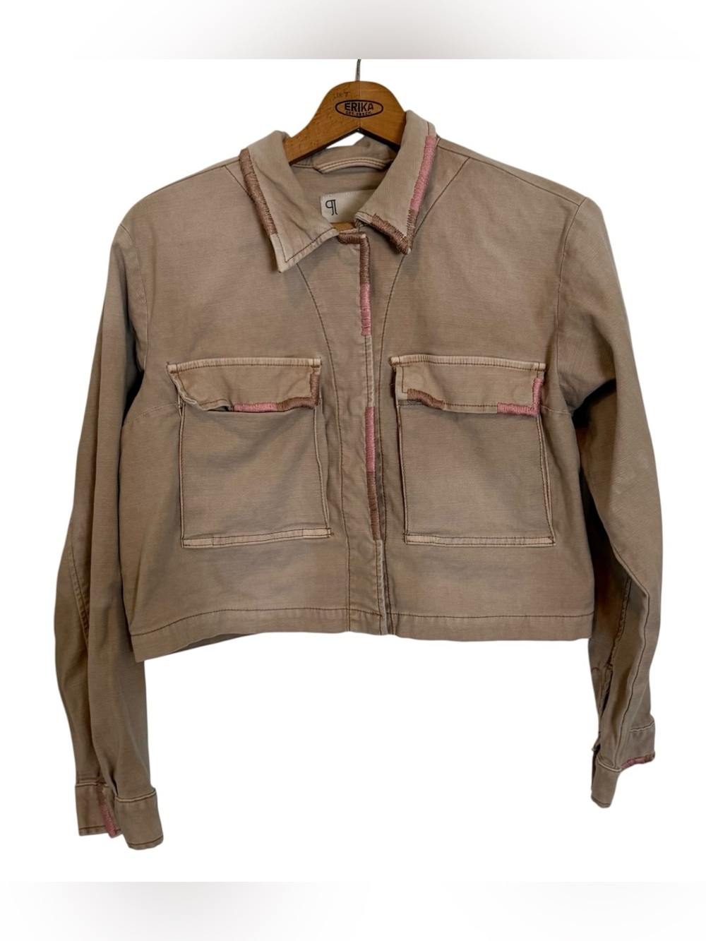 Anthropologie Pilcro Taupe Utility Jacket with Pink Trim Accents